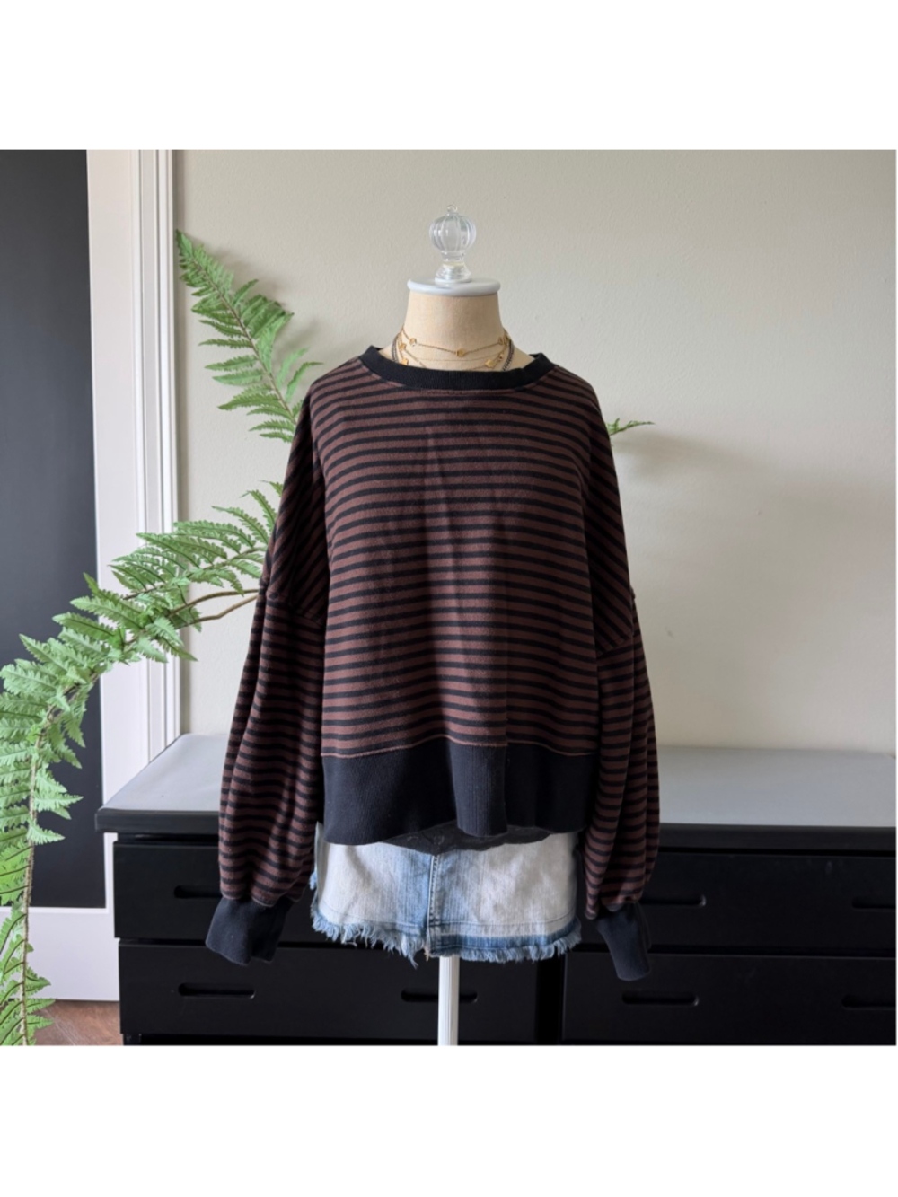 Aerie Brown Black Striped Crewneck Hoodie Size M Daily Drills Inspired